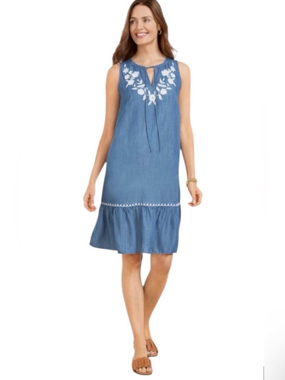 TALBOTS Petite Chambray Coastal Cowgirl embroidered detail Midi Dress XL